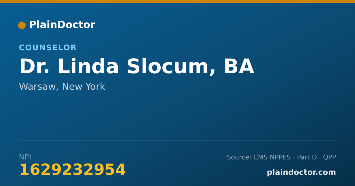 Shareable card for Linda Slocum, BA - Counselor, Warsaw, NY