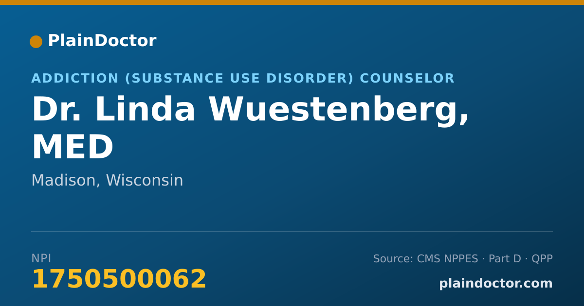 Shareable card for Linda Wuestenberg, MED - Addiction (Substance Use Disorder) Counselor, Madison, WI