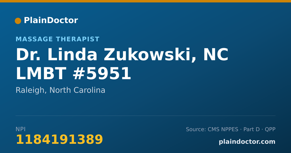 Shareable card for Linda Zukowski, NC LMBT #5951 - Massage Therapist, Raleigh, NC