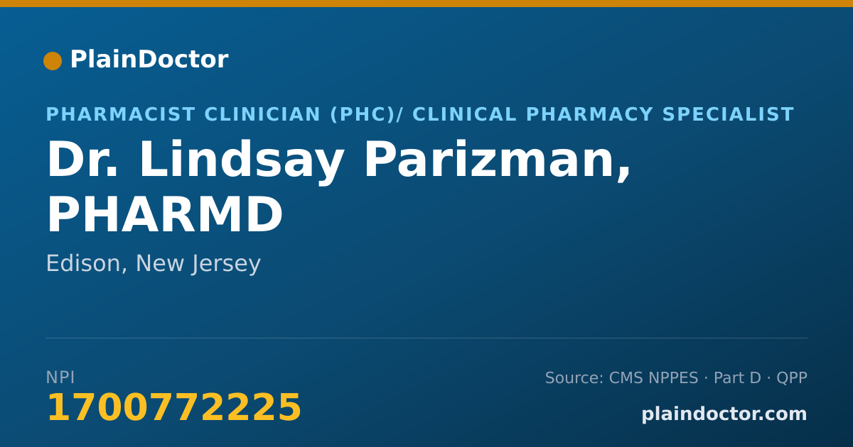 Shareable card for Lindsay Parizman, PHARMD - Pharmacist Clinician (PhC)/ Clinical Pharmacy Specialist, Edison, NJ