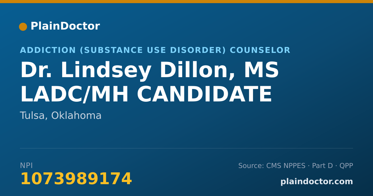 Shareable card for Lindsey Dillon, MS LADC/MH CANDIDATE - Addiction (Substance Use Disorder) Counselor, Tulsa, OK