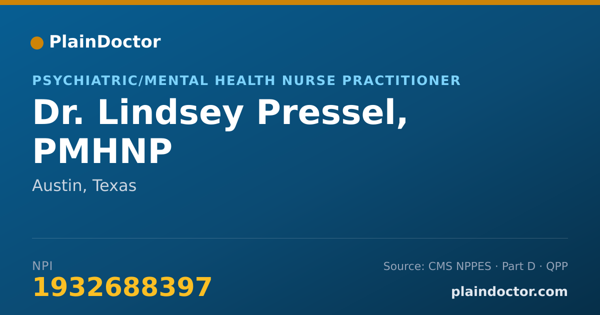 Shareable card for Lindsey Pressel, PMHNP - Psychiatric/Mental Health Nurse Practitioner, Austin, TX