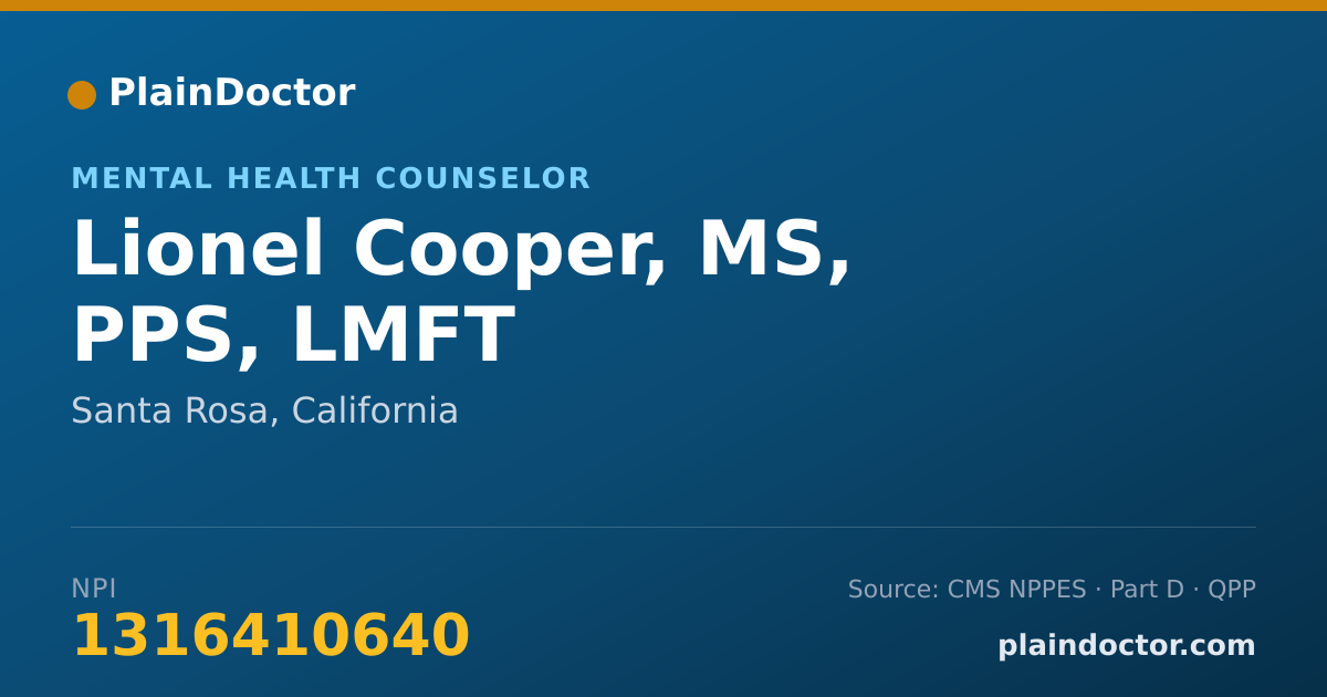 Shareable card for Lionel Cooper, MS, PPS, LMFT - Mental Health Counselor, Santa Rosa, CA