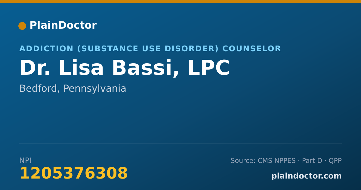 Shareable card for Lisa Bassi, LPC - Addiction (Substance Use Disorder) Counselor, Bedford, PA