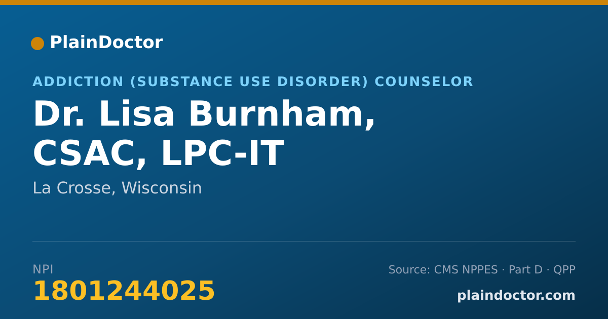 Shareable card for Lisa Burnham, CSAC, LPC-IT - Addiction (Substance Use Disorder) Counselor, La Crosse, WI
