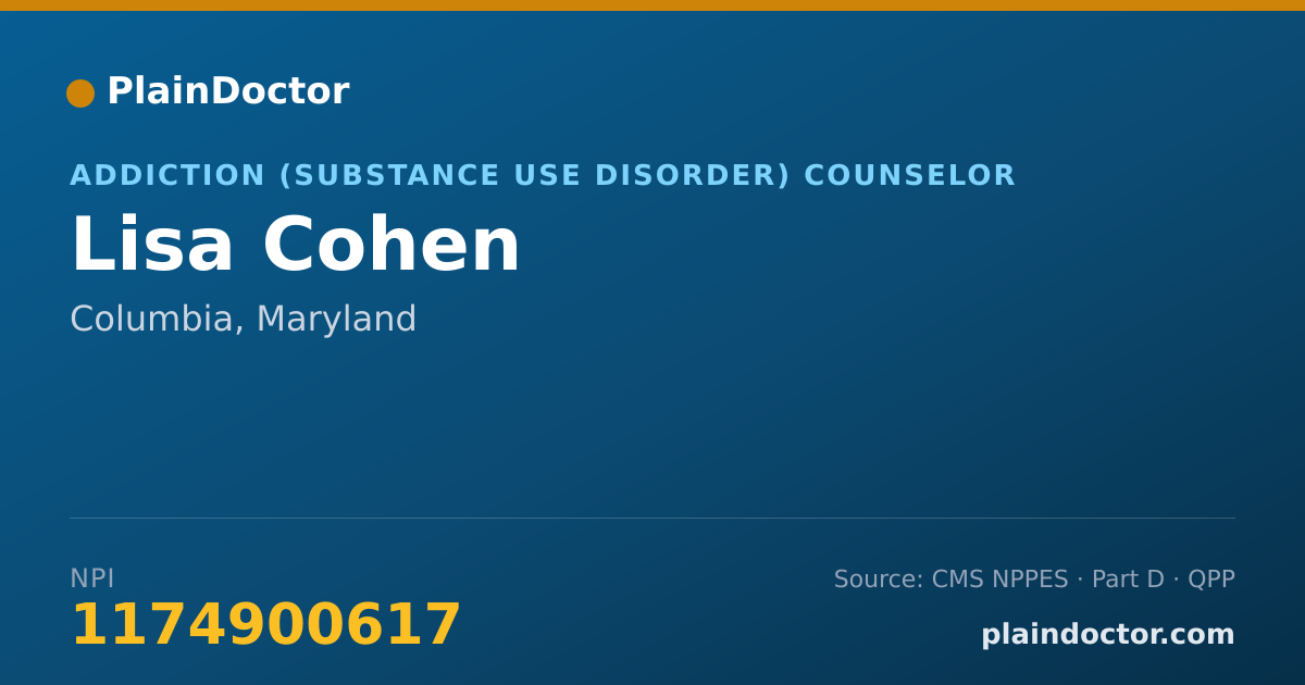 Shareable card for Lisa Cohen - Addiction (Substance Use Disorder) Counselor, Columbia, MD