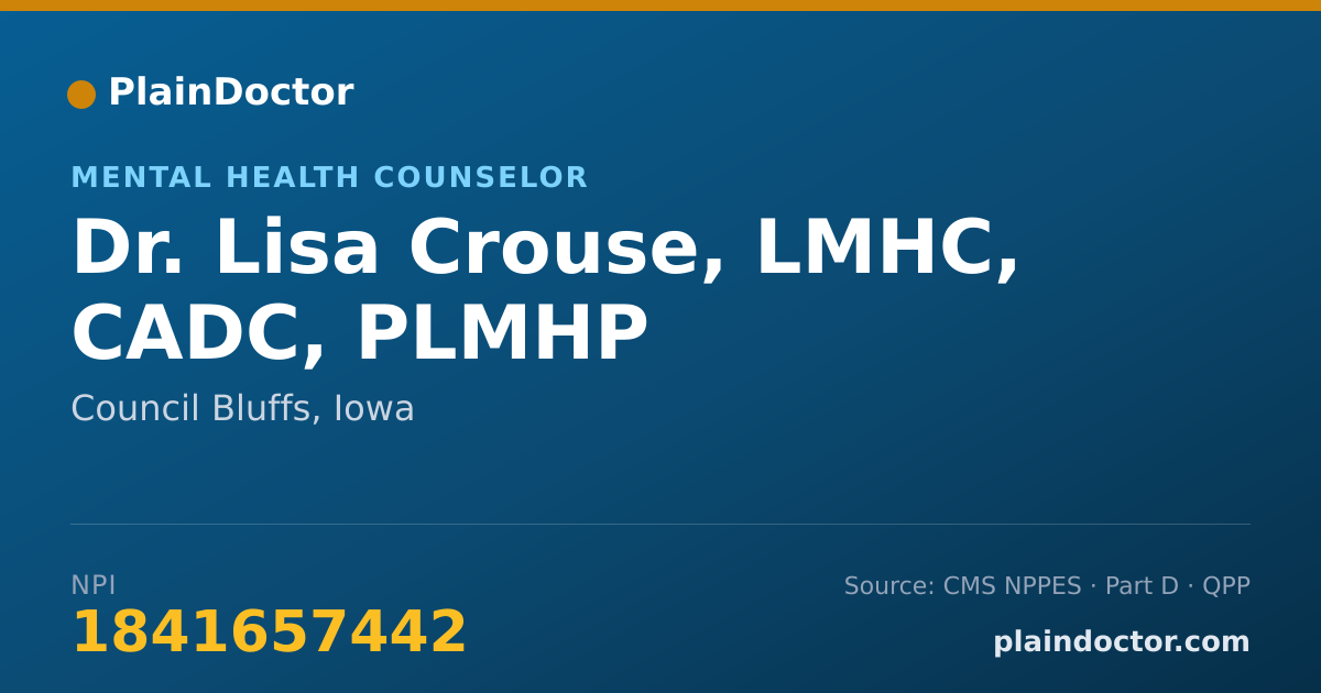 Shareable card for Lisa Crouse, LMHC, CADC, PLMHP - Mental Health Counselor, Council Bluffs, IA