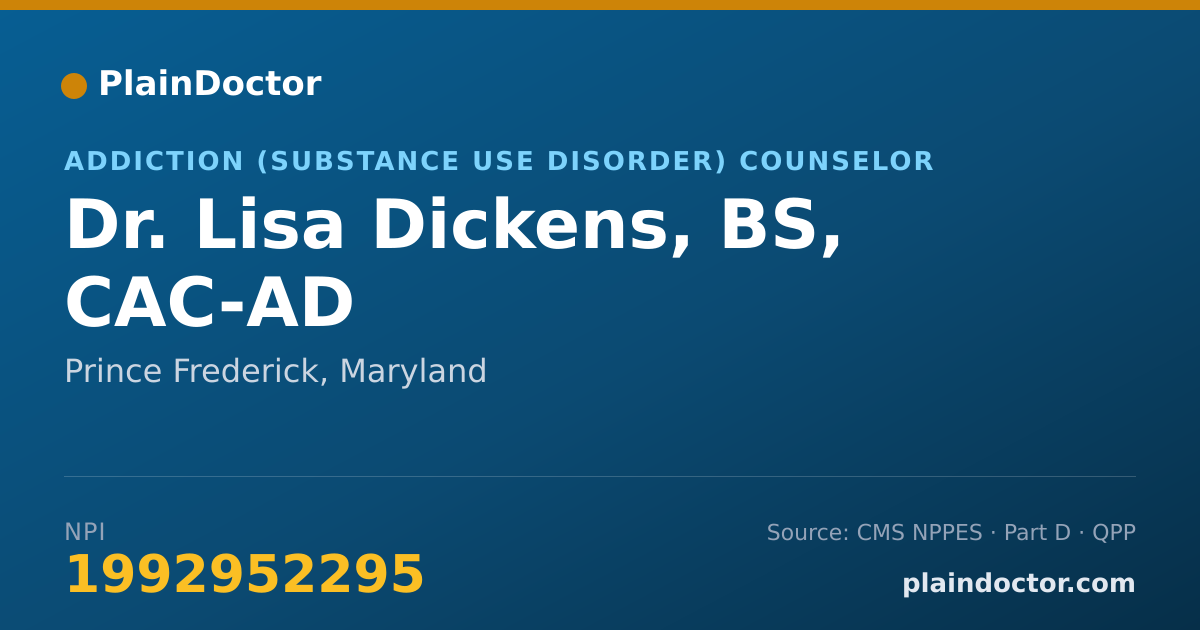 Shareable card for Lisa Dickens, BS, CAC-AD - Addiction (Substance Use Disorder) Counselor, Prince Frederick, MD