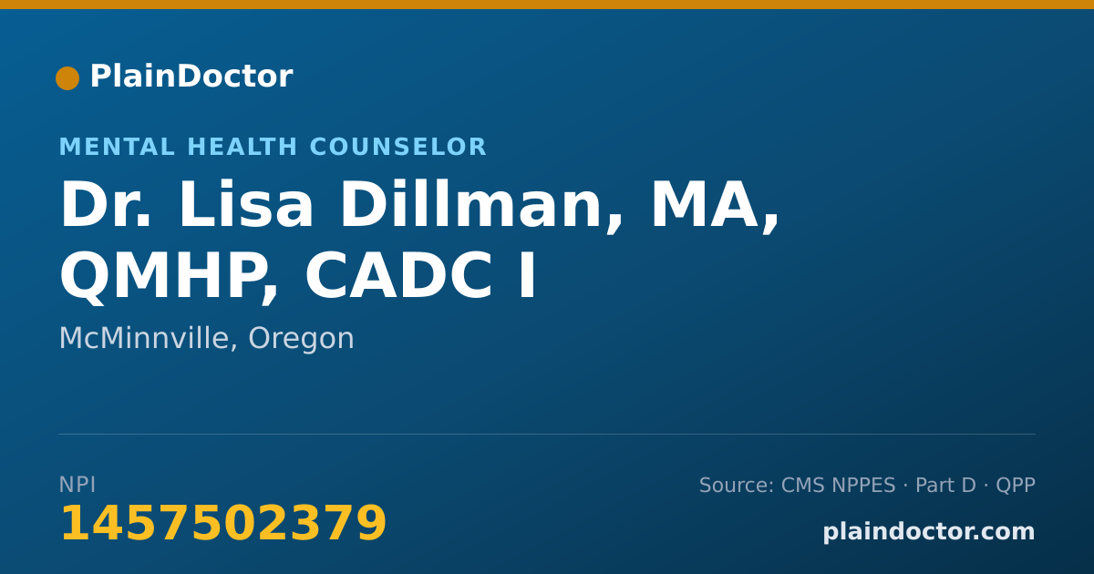 Shareable card for Lisa Dillman, MA, QMHP, CADC I - Mental Health Counselor, McMinnville, OR