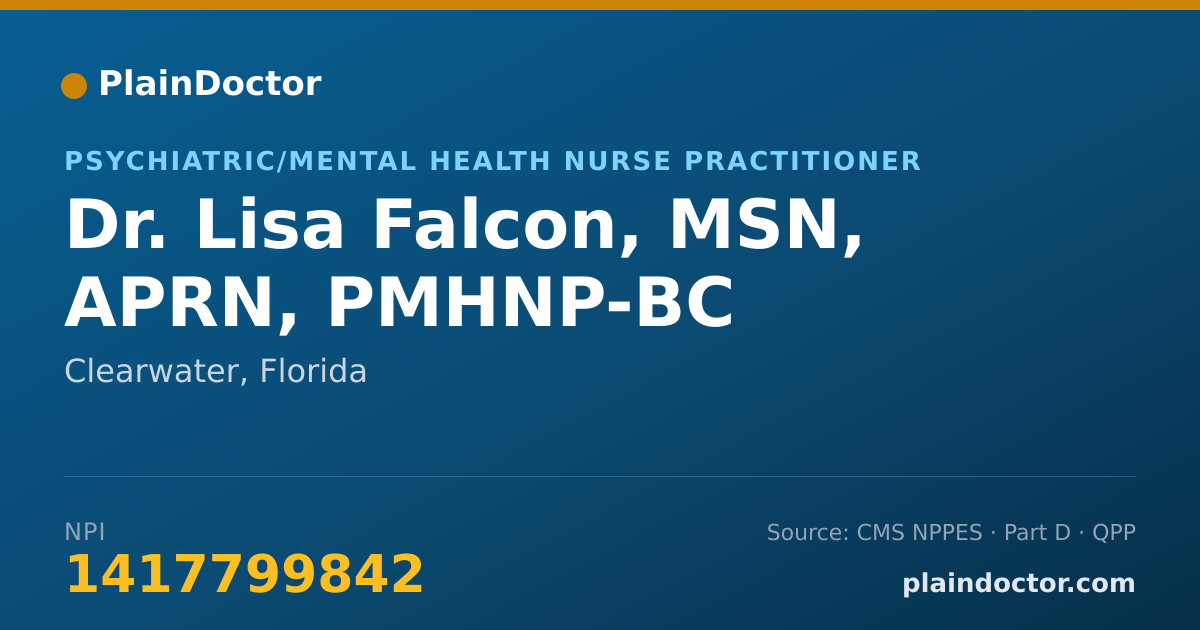 Shareable card for Lisa Falcon, MSN, APRN, PMHNP-BC - Psychiatric/Mental Health Nurse Practitioner, Clearwater, FL