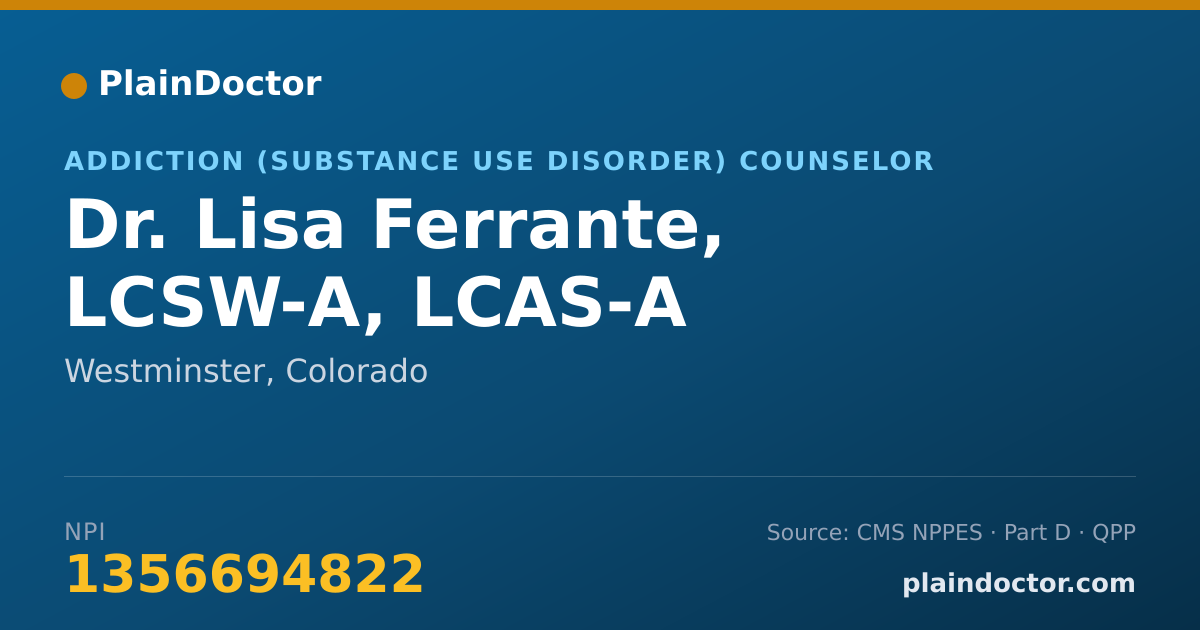 Shareable card for Lisa Ferrante, LCSW-A, LCAS-A - Addiction (Substance Use Disorder) Counselor, Westminster, CO