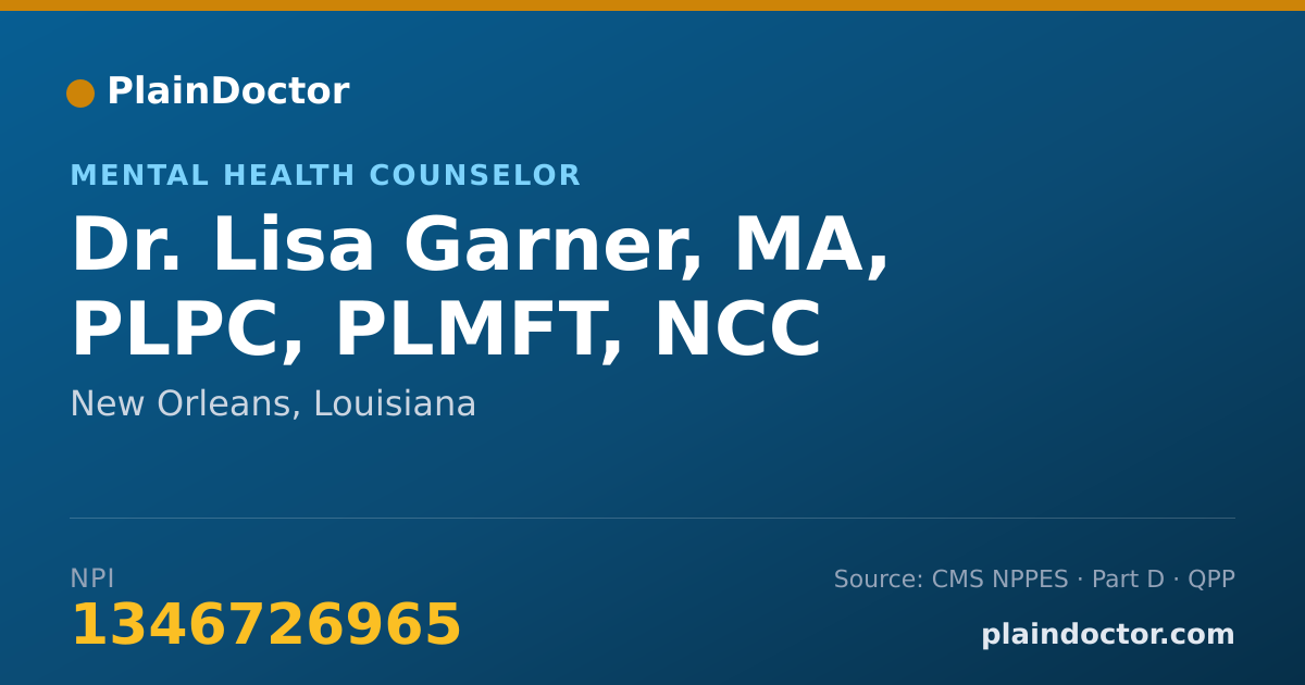 Shareable card for Lisa Garner, MA, PLPC, PLMFT, NCC - Mental Health Counselor, New Orleans, LA