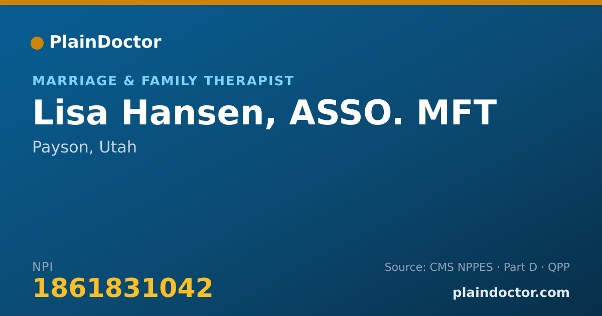 Shareable card for Lisa Hansen, ASSO. MFT - Marriage & Family Therapist, Payson, UT