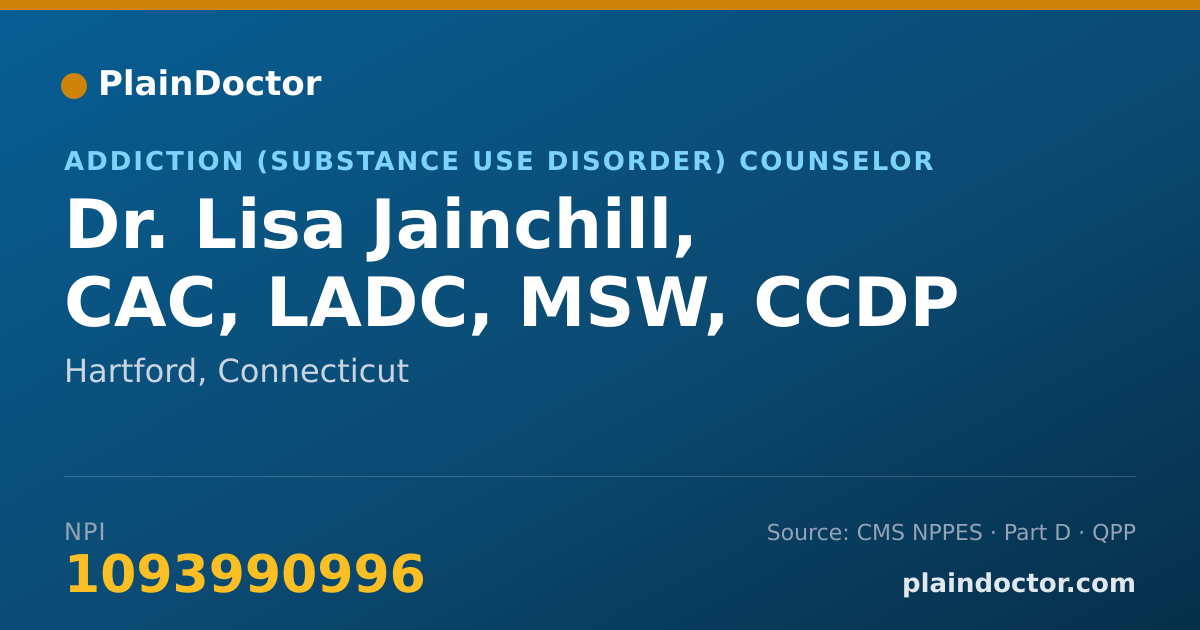 Shareable card for Lisa Jainchill, CAC, LADC, MSW, CCDP - Addiction (Substance Use Disorder) Counselor, Hartford, CT