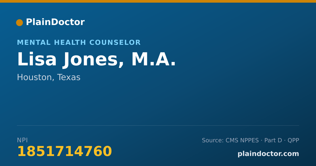 Shareable card for Lisa Jones, M.A. - Mental Health Counselor, Houston, TX