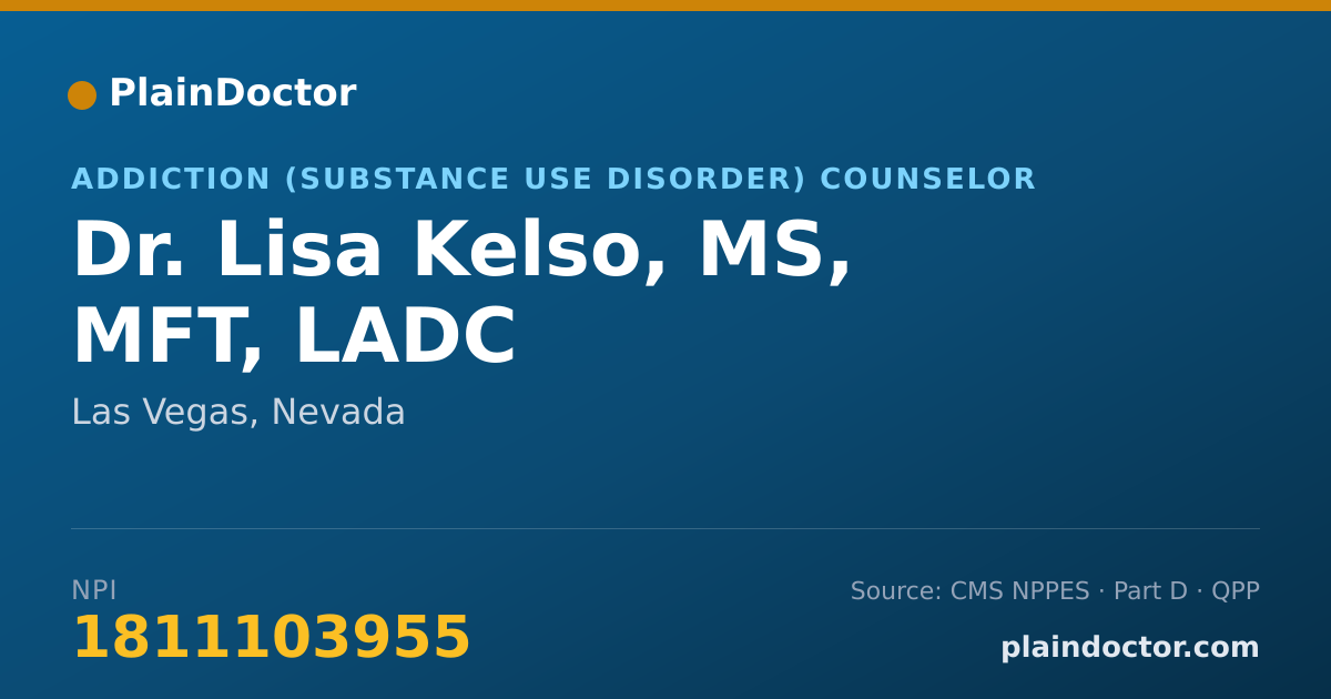 Shareable card for Lisa Kelso, MS, MFT, LADC - Addiction (Substance Use Disorder) Counselor, Las Vegas, NV