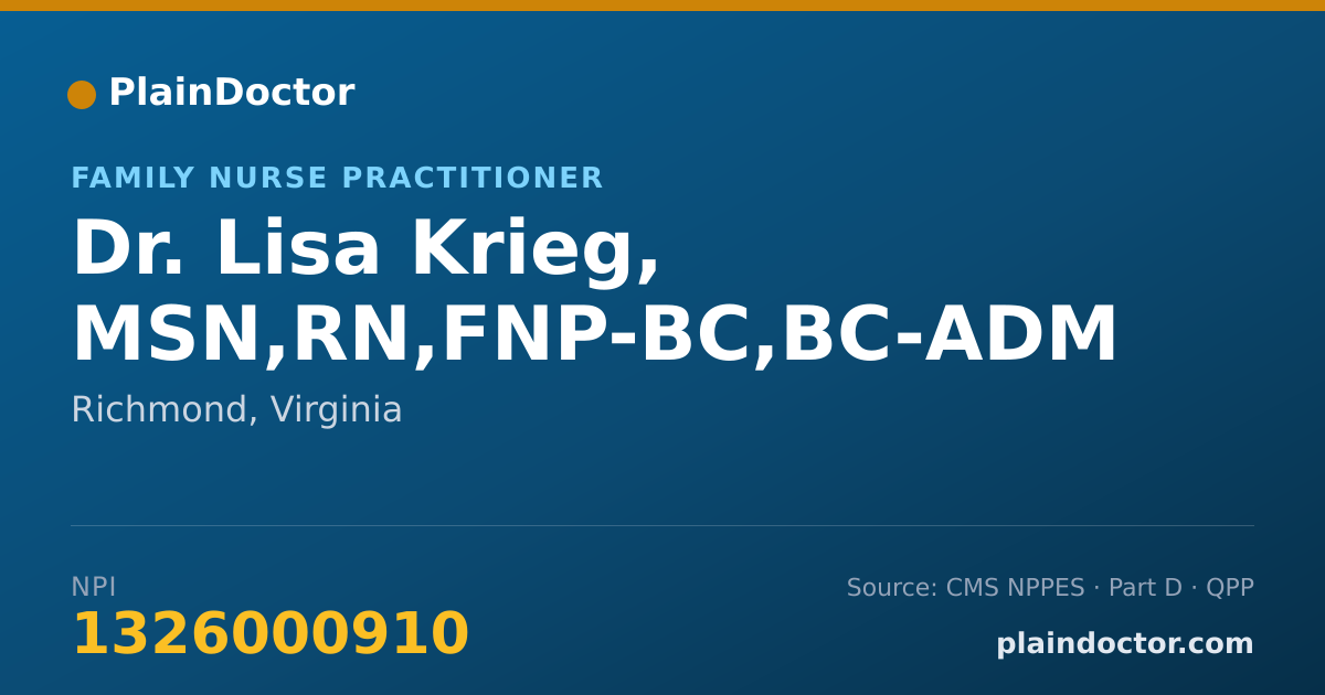 Shareable card for Lisa Krieg, MSN,RN,FNP-BC,BC-ADM - Family Nurse Practitioner, Richmond, VA