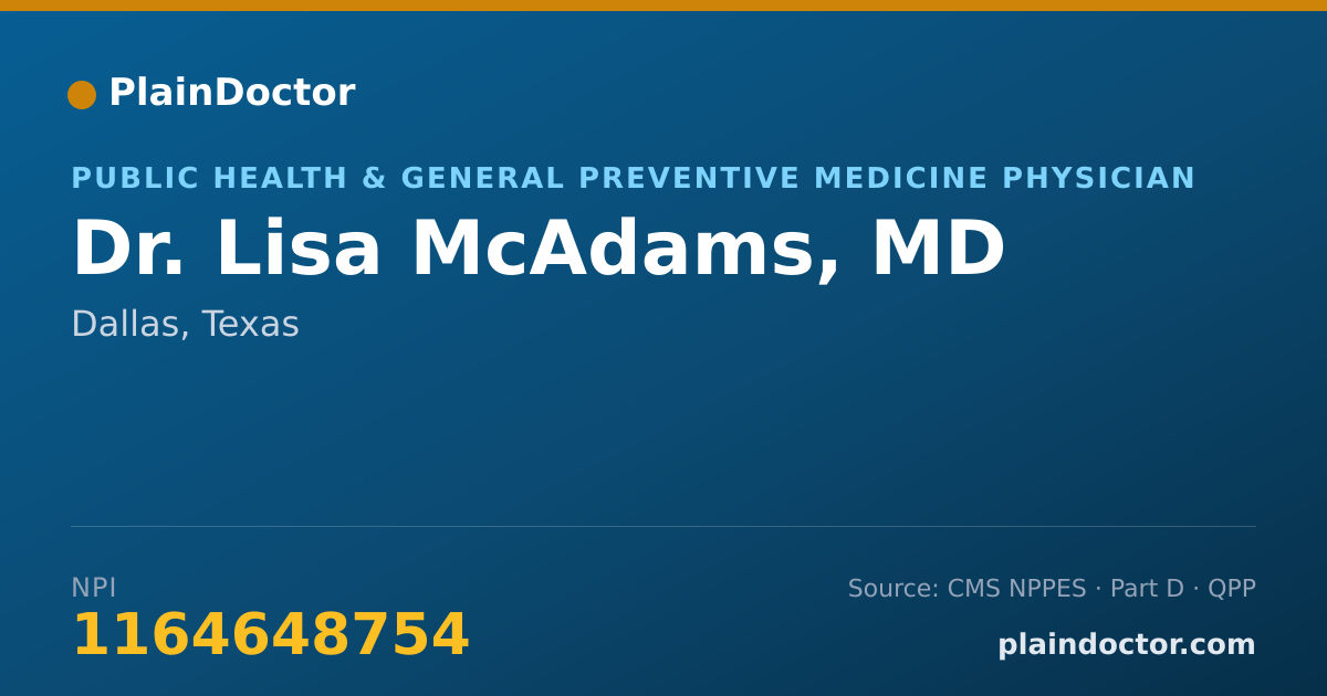 Shareable card for Lisa McAdams, MD - Public Health & General Preventive Medicine Physician, Dallas, TX