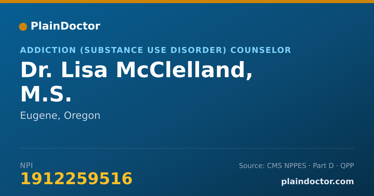 Shareable card for Lisa McClelland, M.S. - Addiction (Substance Use Disorder) Counselor, Eugene, OR