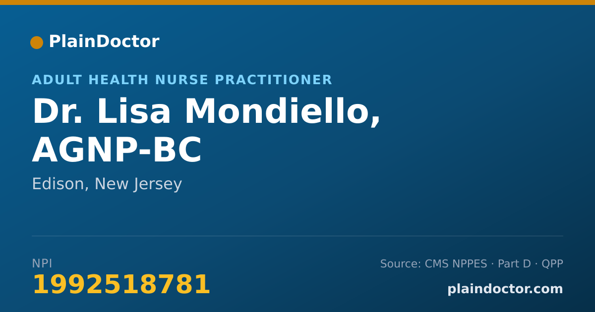 Shareable card for Lisa Mondiello, AGNP-BC - Adult Health Nurse Practitioner, Edison, NJ