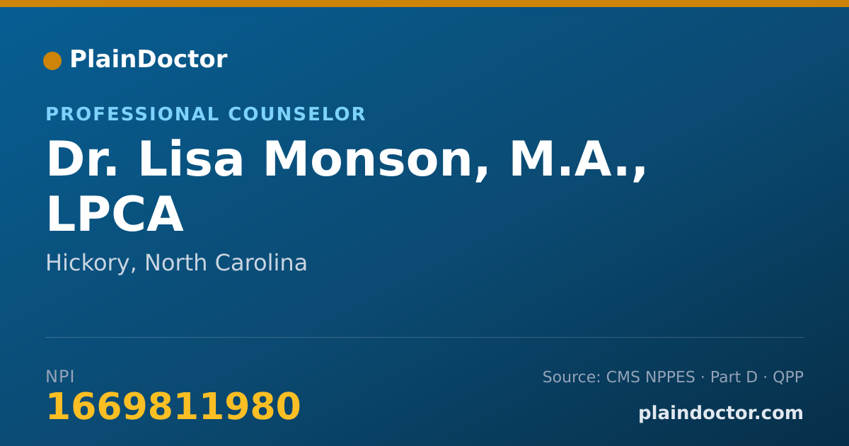 Shareable card for Lisa Monson, M.A., LPCA - Professional Counselor, Hickory, NC