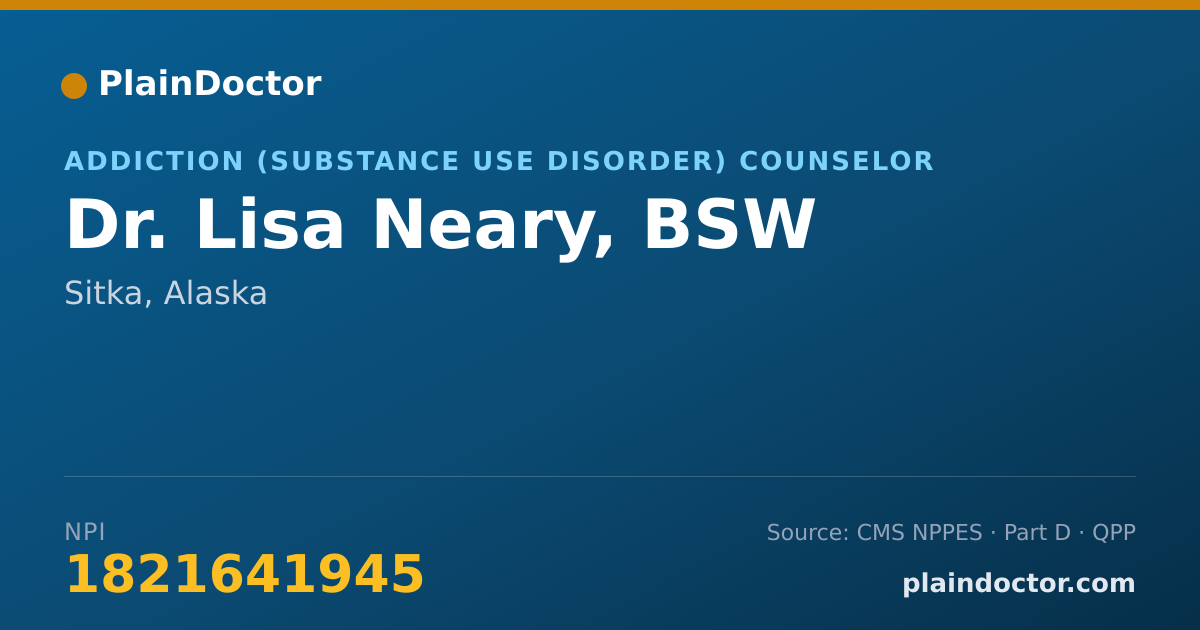 Shareable card for Lisa Neary, BSW - Addiction (Substance Use Disorder) Counselor, Sitka, AK
