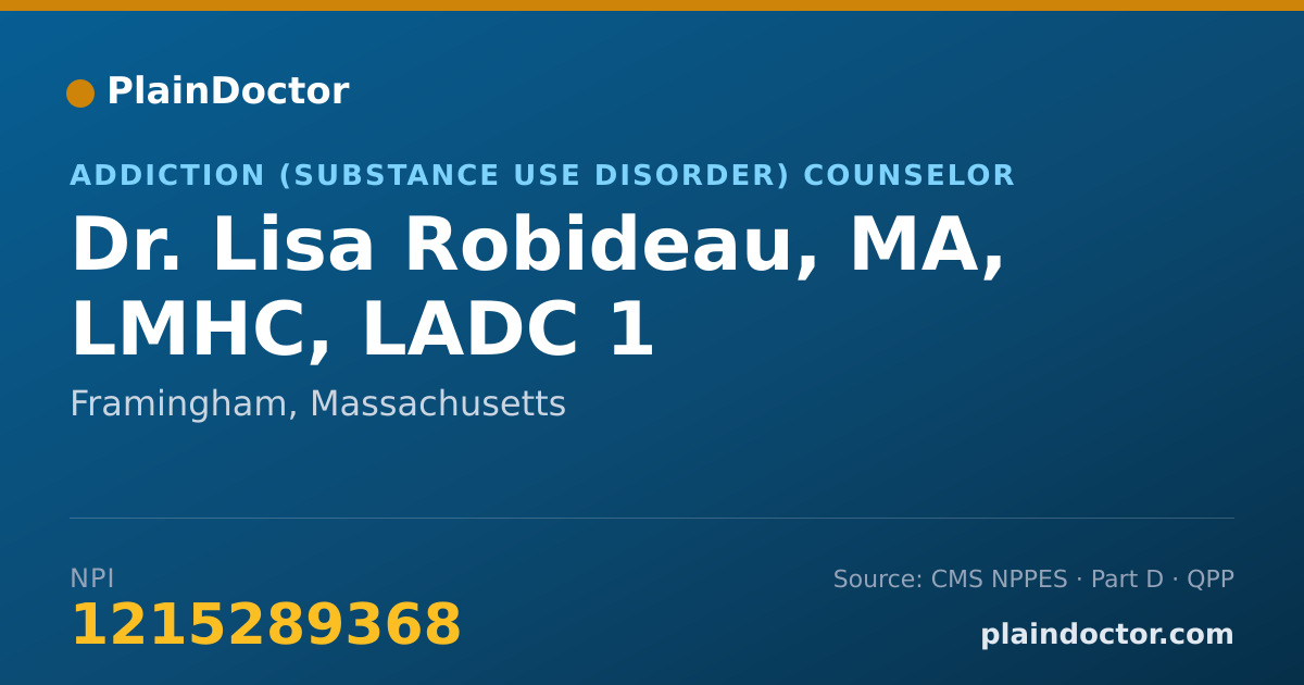 Shareable card for Lisa Robideau, MA, LMHC, LADC 1 - Addiction (Substance Use Disorder) Counselor, Framingham, MA