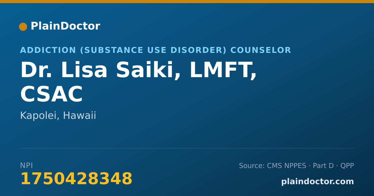 Shareable card for Lisa Saiki, LMFT, CSAC - Addiction (Substance Use Disorder) Counselor, Kapolei, HI