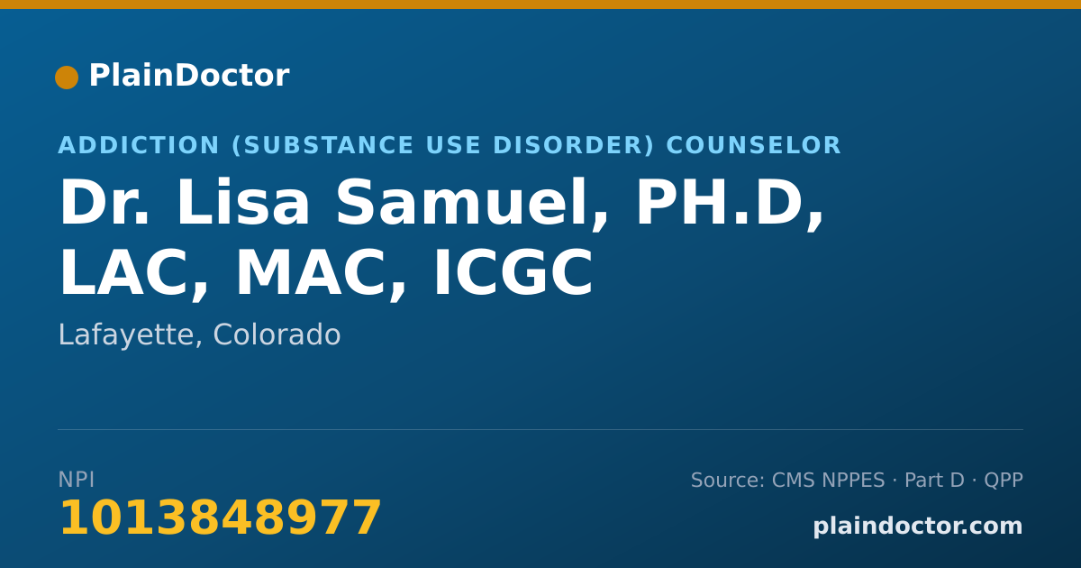 Shareable card for Lisa Samuel, PH.D, LAC, MAC, ICGC - Addiction (Substance Use Disorder) Counselor, Lafayette, CO
