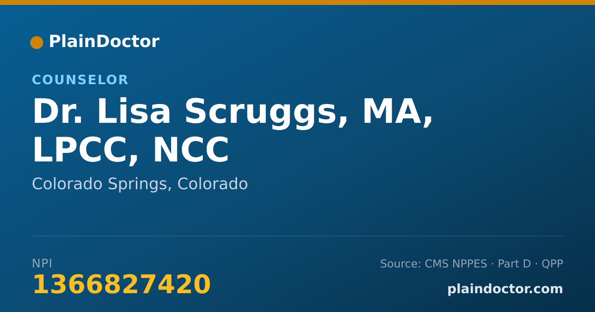 Shareable card for Lisa Scruggs, MA, LPCC, NCC - Counselor, Colorado Springs, CO