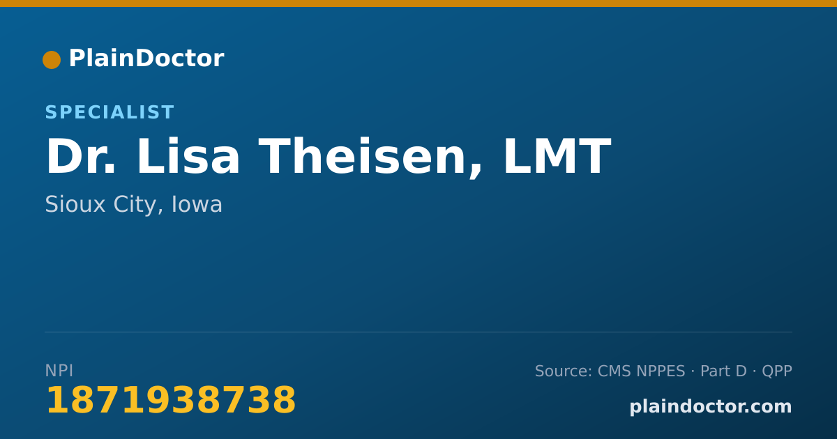 Shareable card for Lisa Theisen, LMT - Specialist, Sioux City, IA