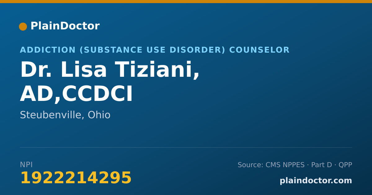 Shareable card for Lisa Tiziani, AD,CCDCI - Addiction (Substance Use Disorder) Counselor, Steubenville, OH