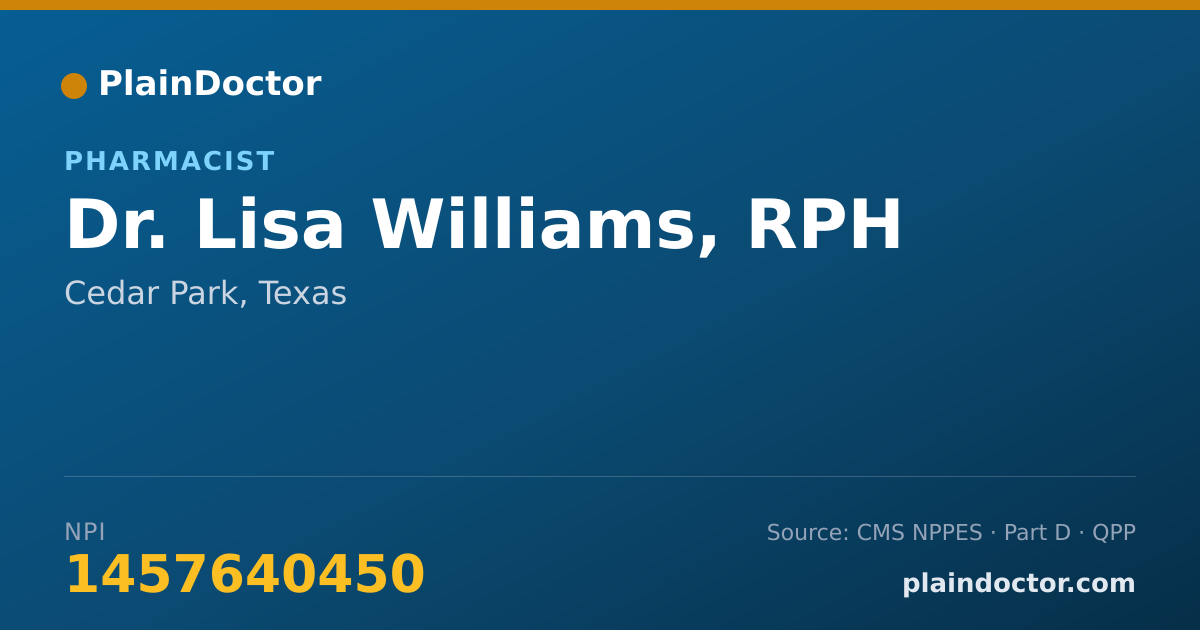 Shareable card for Lisa Williams, RPH - Pharmacist, Cedar Park, TX
