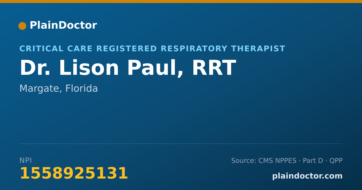 Shareable card for Lison Paul, RRT - Critical Care Registered Respiratory Therapist, Margate, FL