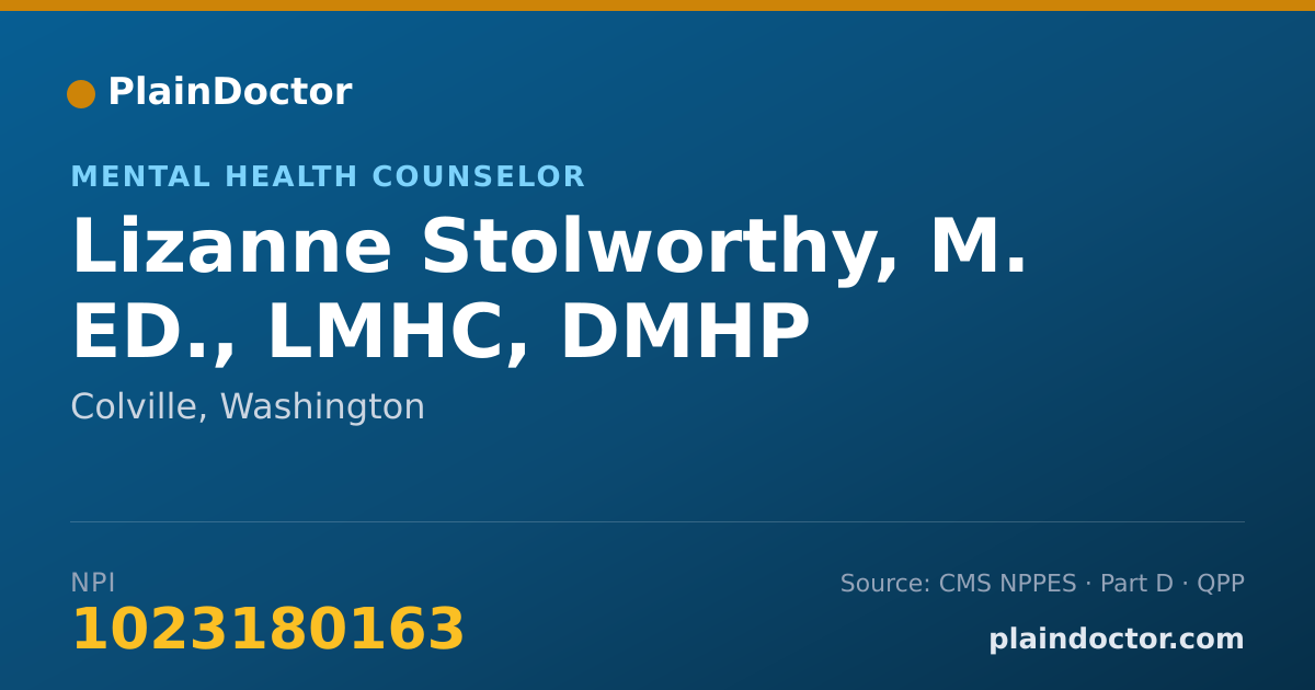 Shareable card for Lizanne Stolworthy, M. ED., LMHC, DMHP - Mental Health Counselor, Colville, WA