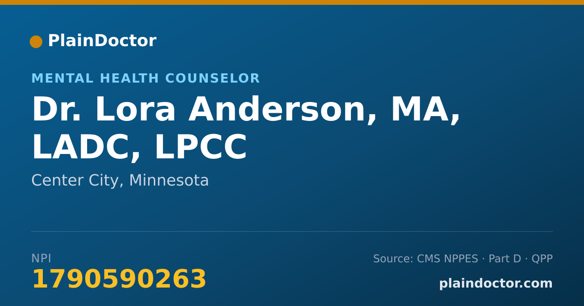 Shareable card for Lora Anderson, MA, LADC, LPCC - Mental Health Counselor, Center City, MN