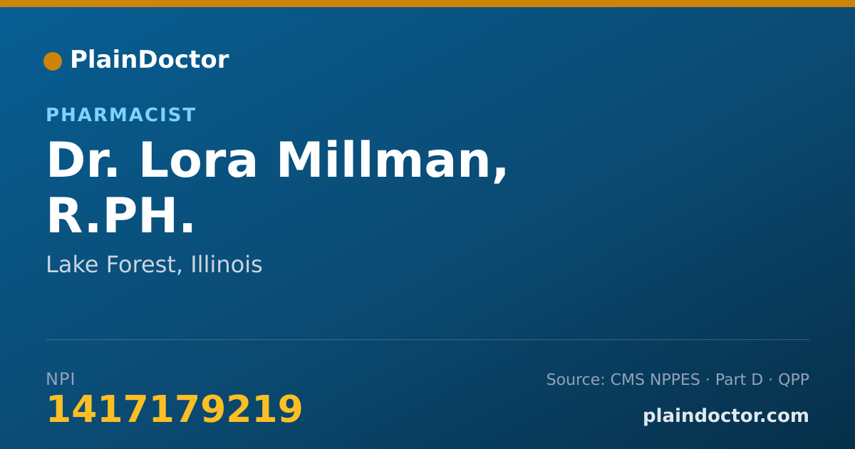 Shareable card for Lora Millman, R.PH. - Pharmacist, Lake Forest, IL