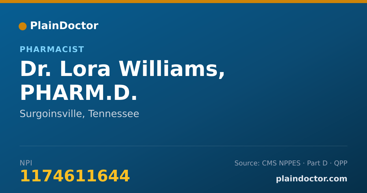 Shareable card for Lora Williams, PHARM.D. - Pharmacist, Surgoinsville, TN