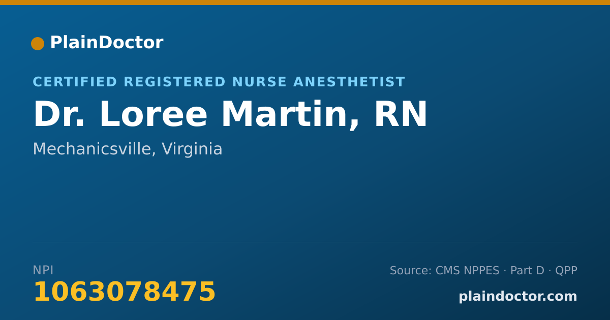 Shareable card for Loree Martin, RN - Certified Registered Nurse Anesthetist, Mechanicsville, VA