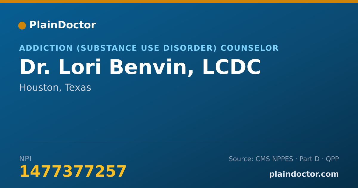 Shareable card for Lori Benvin, LCDC - Addiction (Substance Use Disorder) Counselor, Houston, TX