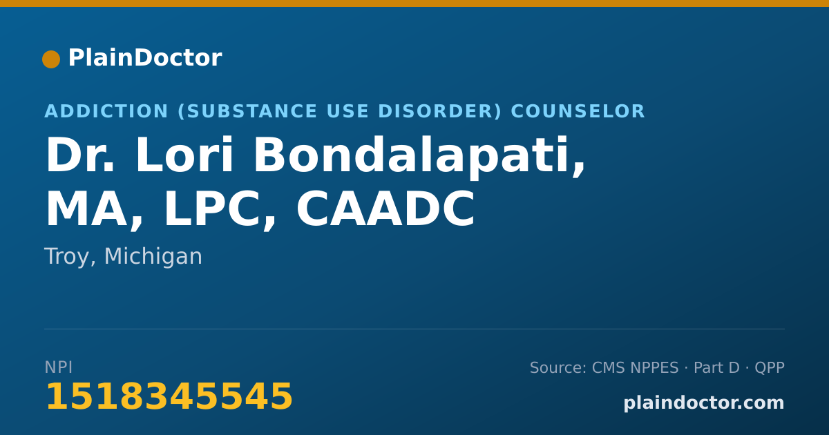 Shareable card for Lori Bondalapati, MA, LPC, CAADC - Addiction (Substance Use Disorder) Counselor, Troy, MI