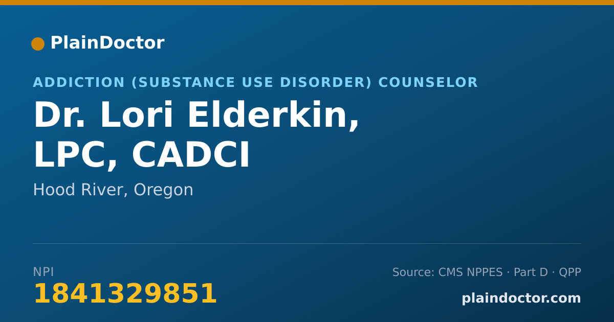 Shareable card for Lori Elderkin, LPC, CADCI - Addiction (Substance Use Disorder) Counselor, Hood River, OR