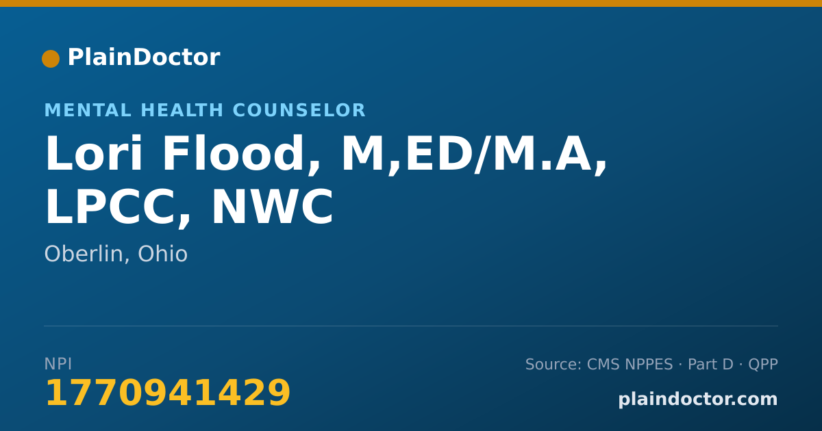 Shareable card for Lori Flood, M,ED/M.A, LPCC, NWC - Mental Health Counselor, Oberlin, OH