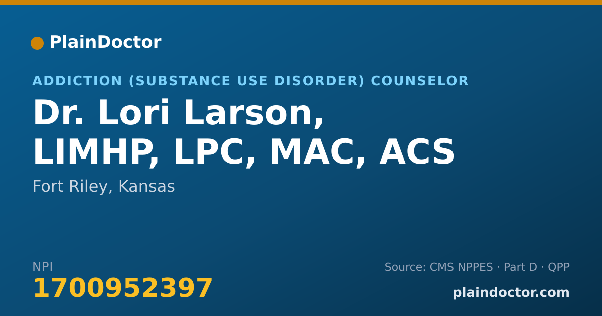 Shareable card for Lori Larson, LIMHP, LPC, MAC, ACS - Addiction (Substance Use Disorder) Counselor, Fort Riley, KS