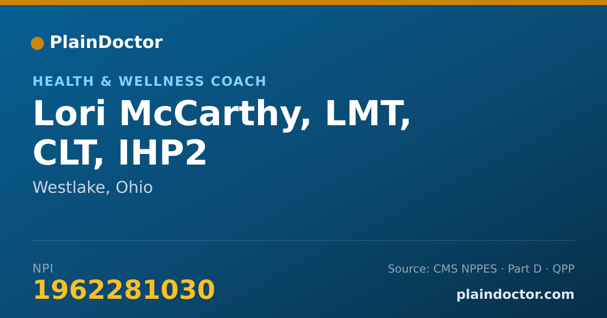 Shareable card for Lori McCarthy, LMT, CLT, IHP2 - Health & Wellness Coach, Westlake, OH