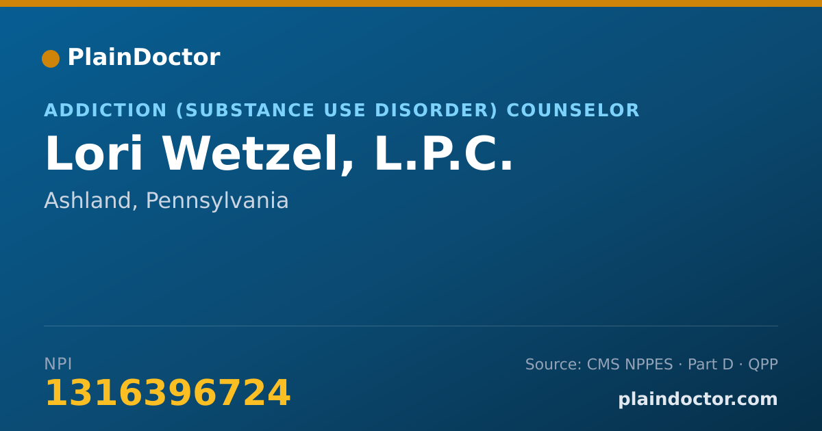 Shareable card for Lori Wetzel, L.P.C. - Addiction (Substance Use Disorder) Counselor, Ashland, PA