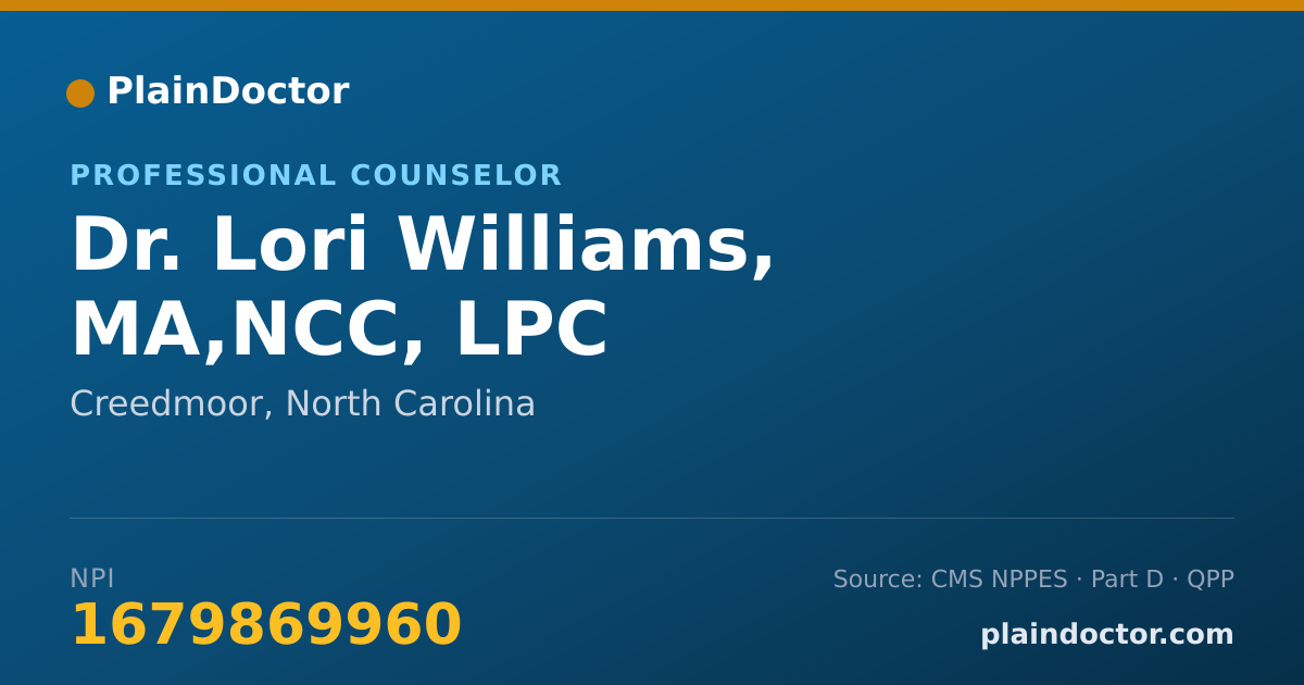 Shareable card for Lori Williams, MA,NCC, LPC - Professional Counselor, Creedmoor, NC
