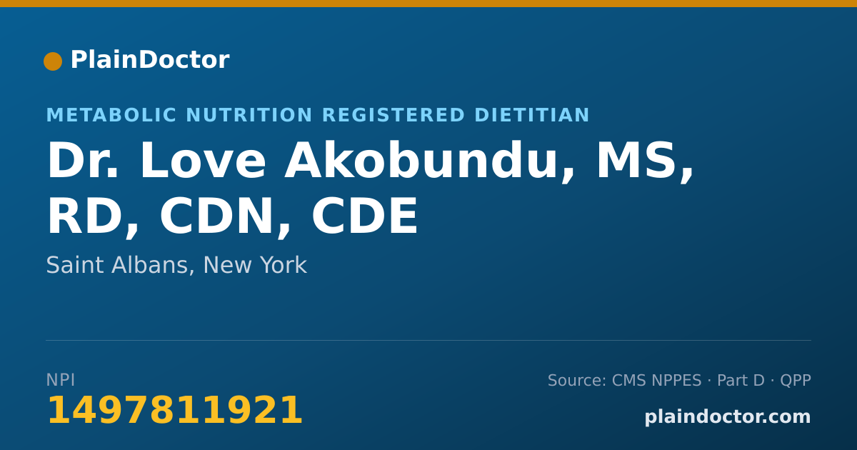 Shareable card for Love Akobundu, MS, RD, CDN, CDE - Metabolic Nutrition Registered Dietitian, Saint Albans, NY