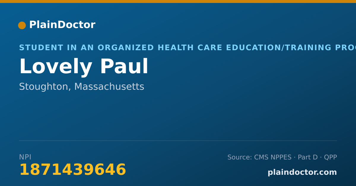 Shareable card for Lovely Paul - Student in an Organized Health Care Education/Training Program, Stoughton, MA