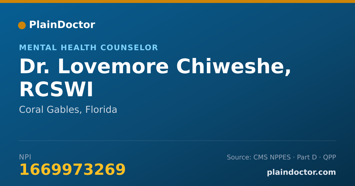 Shareable card for Lovemore Chiweshe, RCSWI - Mental Health Counselor, Coral Gables, FL